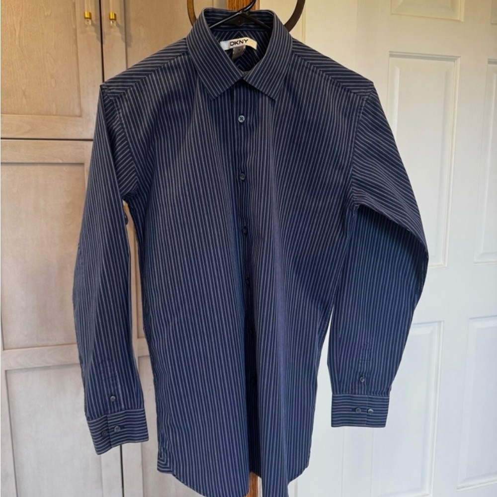 DKNY Boys Long Sleeved Button Up Blue Striped Shirt Size 16